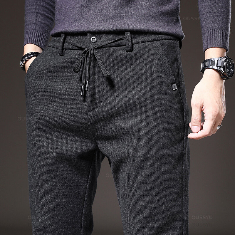 MINGYU-calça masculina de algodão grosso, calça casual de tecido escovado outono-inverno, masculina slim fit, preta e cinza, plus size 38
