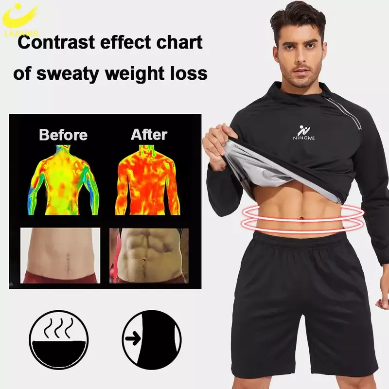 LAZAWG ซาวน่าเสื้อสำหรับชายลดน้ำหนักด้านบนเหงื่อ Fat Burning Fitness Sportwear แขนยาว Slimming บาง Shaper