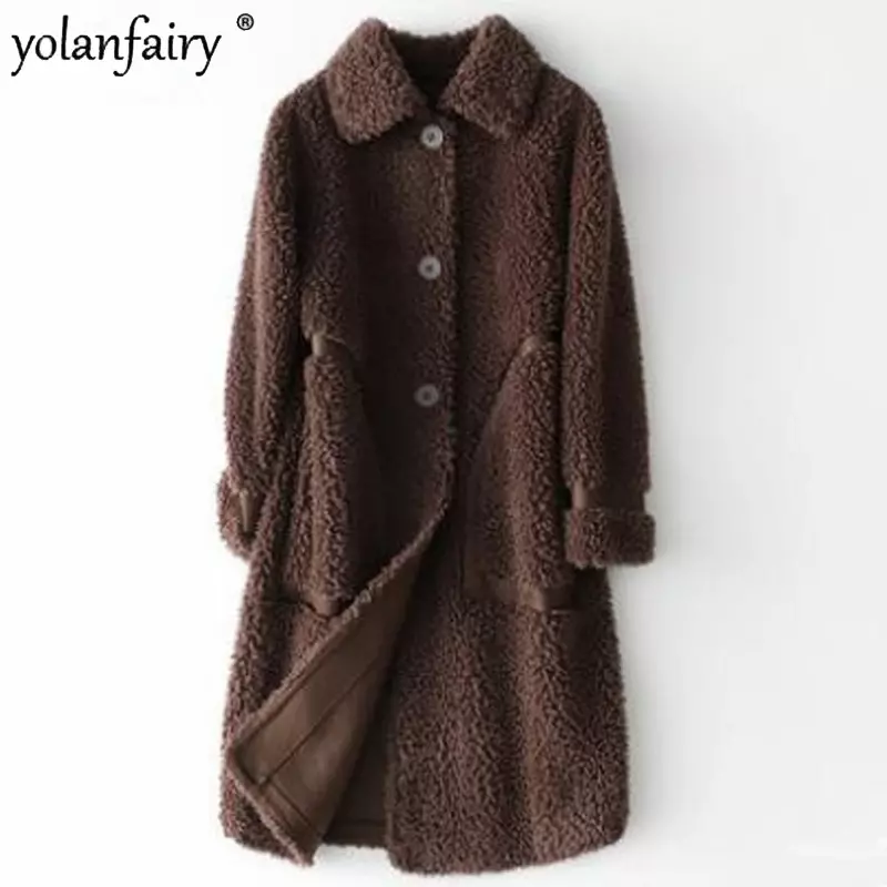 Casaco de pele composto longo para mulheres, casacos e jaquetas de lã de ovelha, casaco Midi longo, 10% lã, FCY5031