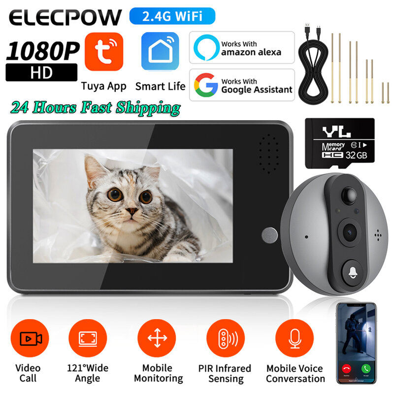 Elecpow-Tuya Inteligente WiFi Porta Câmera Peepholes Digital, Campainha De Vídeo 1080P, Visão Noturna PIR, Detecção De Movimento, Visualizador De Porta