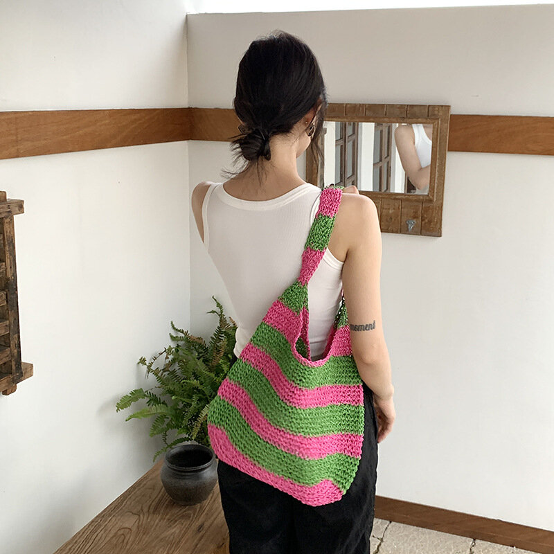 Bolsa de ombro listrada para mulheres corda de papel grande sacos de praia tecidos boêmios bolsas de grife para viagens Hobos, verão