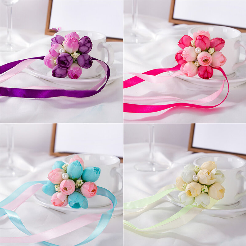 Artificial Wrist Flower Multi Color Bride Bridesmaid Hand Flower Dancing Party Sister Group Dance Floral Hand Wrist Bracelet