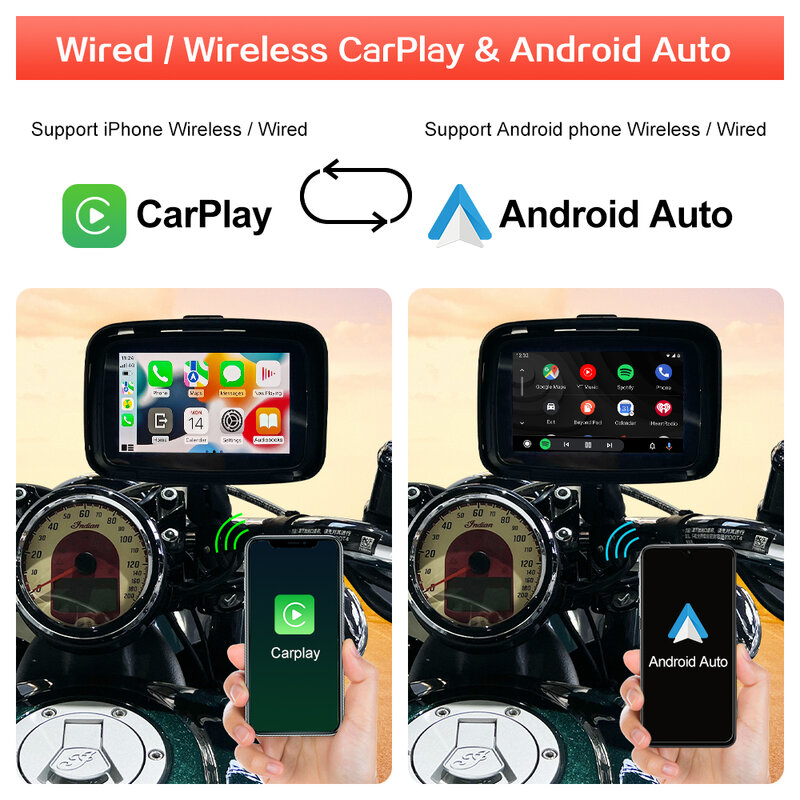 ROAD TOP Waterproof Outdoor IPSX7 Wireless Android Auto Carplay Screen for Motorcycle Navigation Stereo Bluetooth Monitor