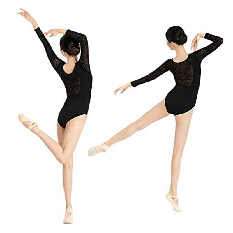 Ballet de manga comprida feminino, traje de gola alta, preto, costas com renda, roupas elegantes de dança, roupa de bailarina, adulto
