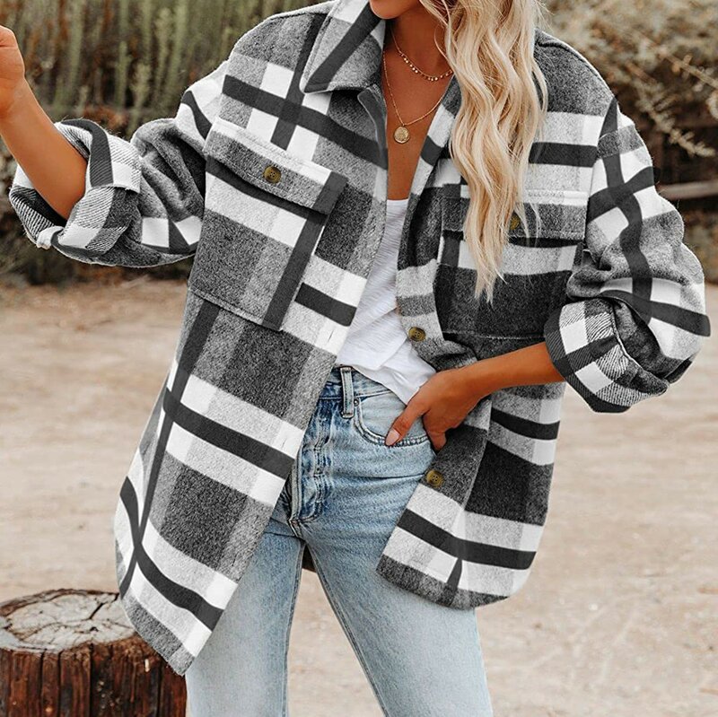 Women's Brushed Plaid Shirts Long Sleeve Flannel Lapel Button Pocketed Casual Relaxed Fit Ladies Jacket Coats