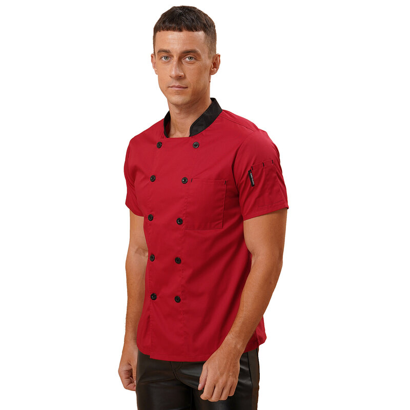 Jaqueta de Chef respirável manga curta masculina com bolsos, camisa do Chef, gola, cozinheiros, restaurante, uniforme de cozinha