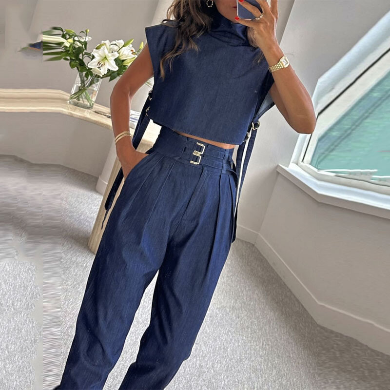 Casual Summer Two Piece Sets Womens Outifits Suits Women High Neck and Short Sleeves Top and High-waisted Straight-leg Pants Set