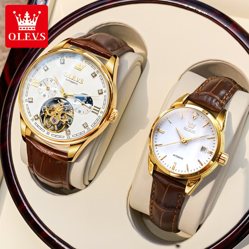 OLEVS นาฬิกาข้อมือสเตนเลสสตีลระบบกลไกอัตโนมัติ, สำหรับชายและกันน้ำสำหรับผู้หญิงนาฬิกาข้อมือเรืองแสง
