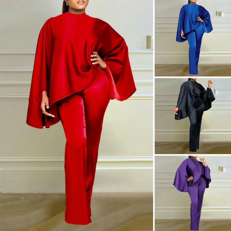 Conjunto de Top y pantalones largos de satén de imitación para mujer, ropa elástica de manga larga de murciélago, Color sólido, 2 unidades por Set