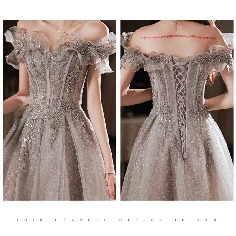 Elegant Party Dresses 2024 Gray Floral Evening Dress, Suitable for Women Long One-piece Dress Gown Welcome Dresses Women's Dress