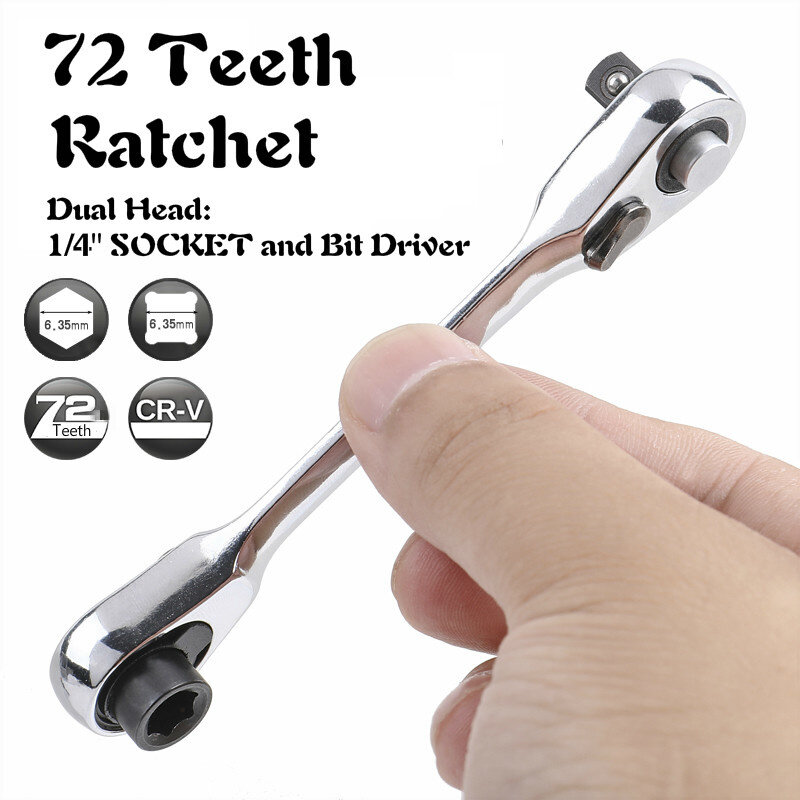 Dual Head Ratchet Wrench, 72-Tooth Chave Soquete, Square Bit Hex Spanner Soquete, Multi Reparação Ferramentas Manuais, 1/4"
