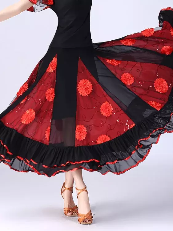 Falda larga de baile Social, vestido de competición de baile moderno, media falda, flor de lentejuelas, baile cuadrado