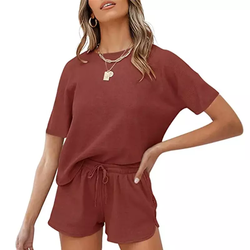 New Waffle Cotton Women's Pajama Sets Simplicity comfort Solid Color Short Sleeved Shorts 2PCS Perfect Breathable Soft Sleepwear
