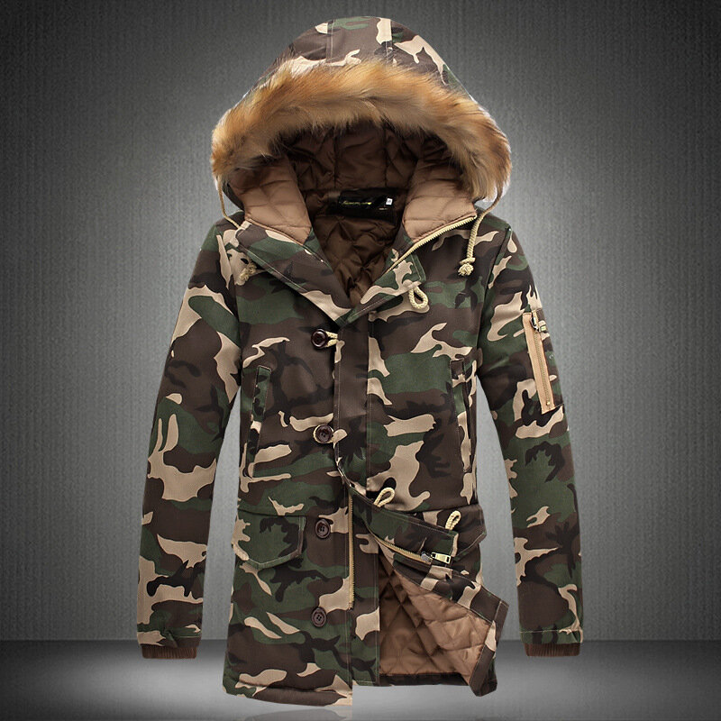 남성용 겨울 모피 칼라 긴 위장 재킷, 두껍고 따뜻한 면 파카, 패션 육군 녹색 후드 코트, 브랜드 봉제 의류
