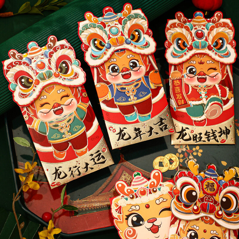 男の子と女の子のための新年のラッキーなマネーバッグ、中国の漫画、赤いパケット、年のドラゴン、月の年、新生児の装飾、4個