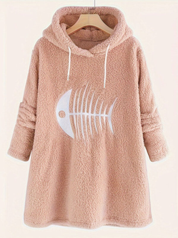 Plus Size Fish Bone Print Sweatshirt, Casual Long Sleeve Fuzzy Hooded Sweatshirt, Women's Plus Size Clothing