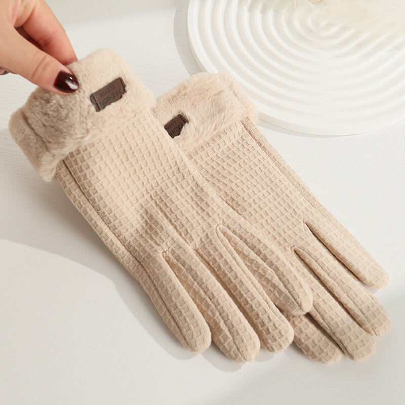 Damski zimowy ciepły ekran dotykowy zagęszczony polar krata pluszowy nadgarstek modny elegancki Temperament miękki elastyczny rękawiczki