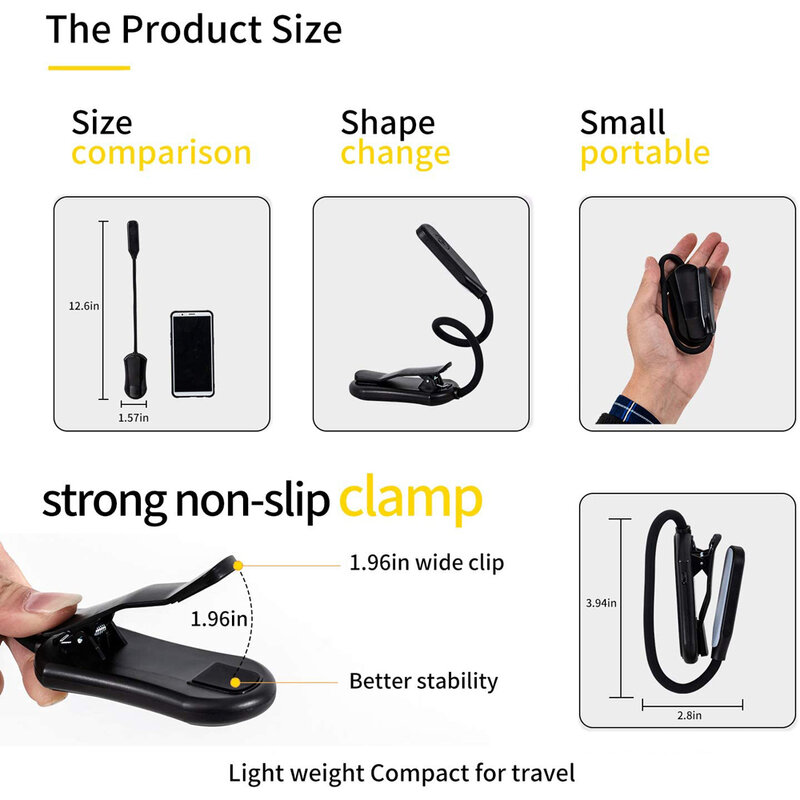 USB 충전식 휴대용 독서 라이트, 유연한 간편 클립, 3 단계 따뜻하고 시원한 백색광, 7 LED