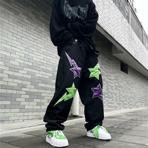 New original hip-hop street lightning pentagram patch jeans loose casual pants wide leg hiphop jeans trendy pants y2k