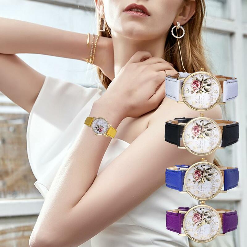 Relógio Padrão Rosa das mulheres, mostrador redondo clássico, pulseira de couro falso, quartzo preciso, movimento relógio de pulso, aniversário presente