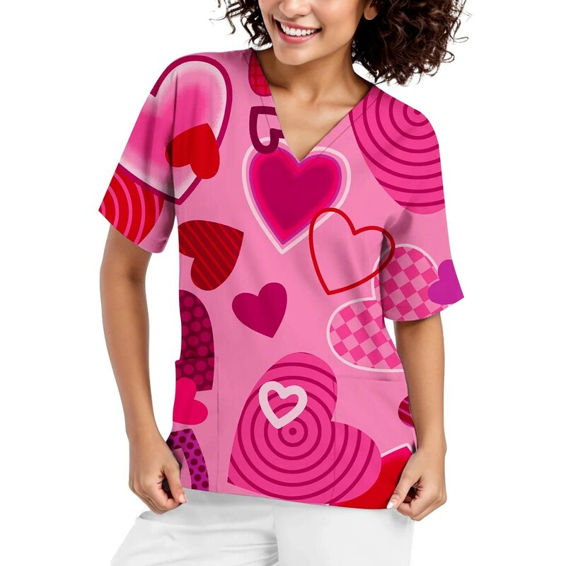 Pielęgniarki damskie z nadrukiem walentynkowym z krótkim rękawem i dekoltem w szpic bluzka kombinezon nadruk w kształcie serca jednolity do pielęgnacji