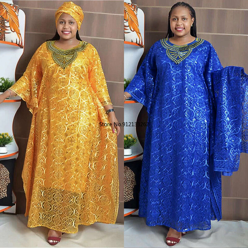 Dashiki vestidos africanos para mujer, ropa africana de primavera y verano, azul, amarillo, cuello redondo, largo, interior y corbata de cabeza