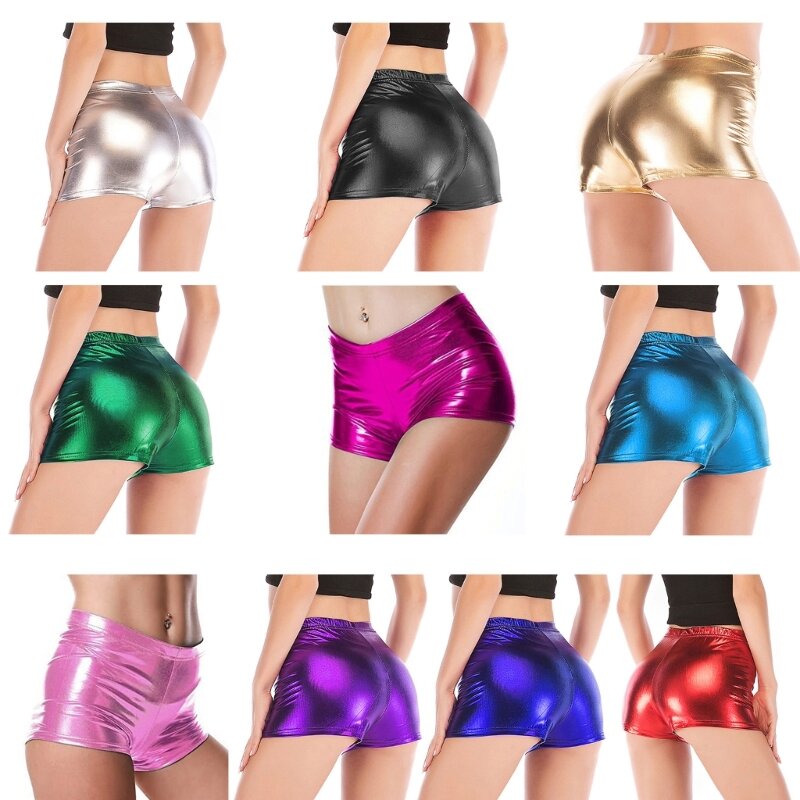 Womens Sexy Glitter Short Pant Elastic High Waist Faux PU Leather Mini Shorts Metallic Party Club Booty Dance Shorts N7YD