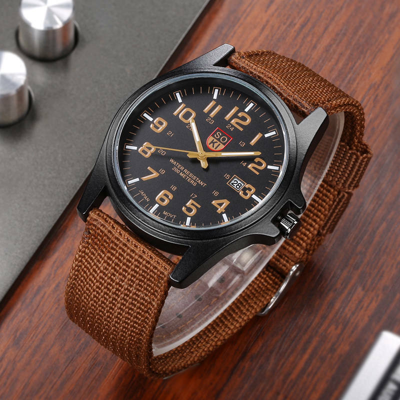 Men's Nylon Strap Quartz Watch, simples mostrador de vidro redondo, data, trabalho diário, moda esportiva, marrom, 1pc