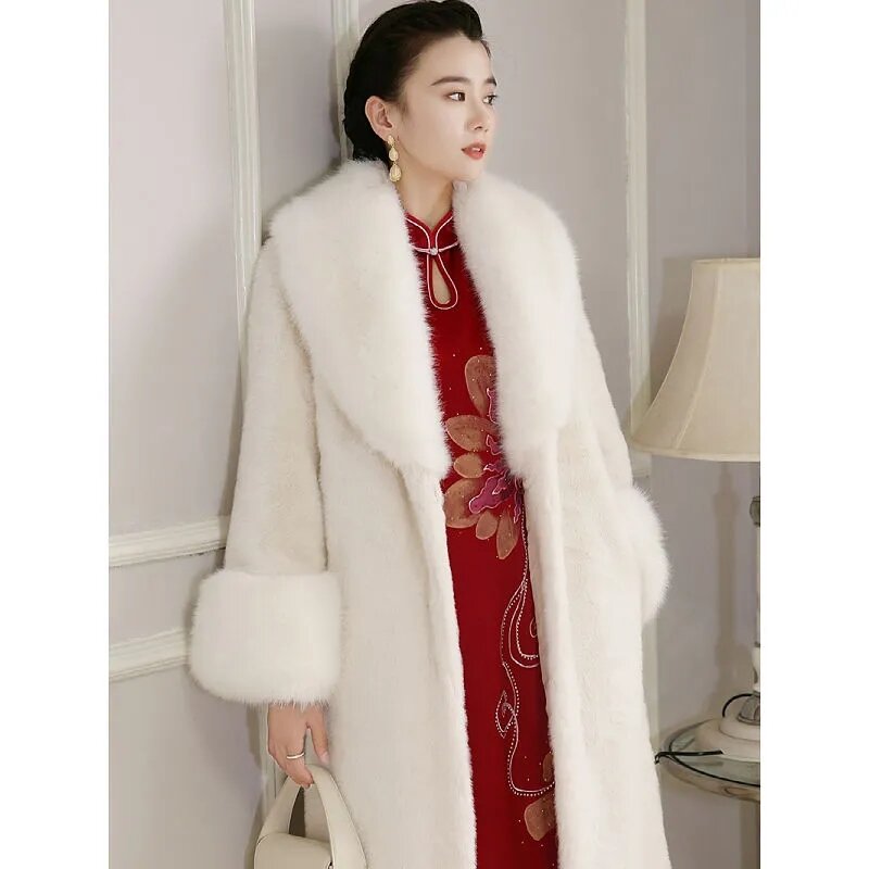 女性用ロングフェイクファーコート,韓国の冬服,女性用ジャケット,厚手の襟,暖かい服,新しいコレクション2023