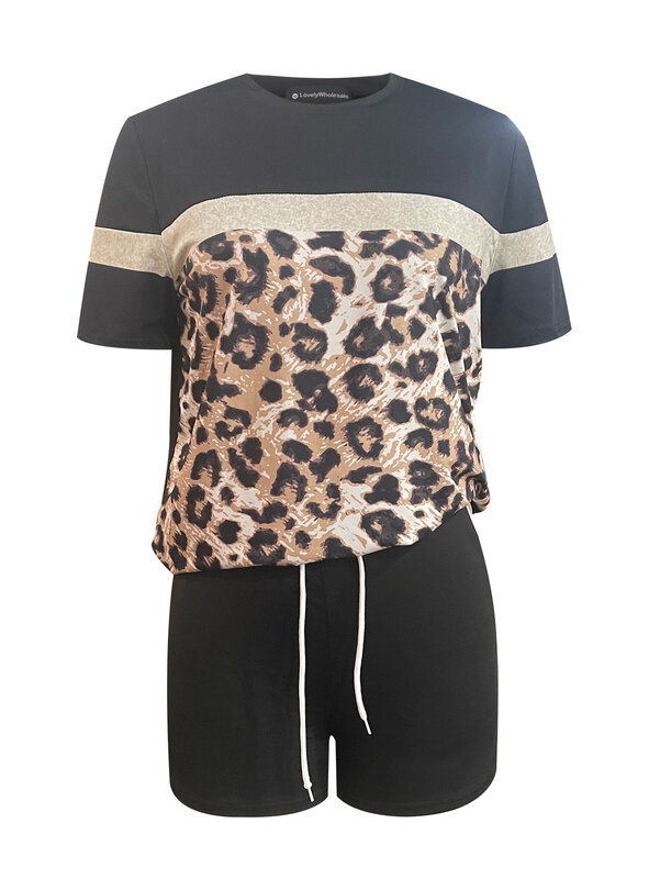 LW Leopard Print Drawstring Shorts Set casual short sleeved T-shirt and drawstring shorts set summer NEW women's clothing two-pi