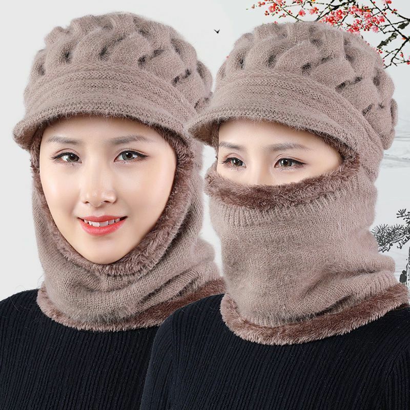 Hat Thickened Plush Warm Neck Hat One piece Knitted Hat Women's Elderly Winter Leisure Thickened Wool Hat