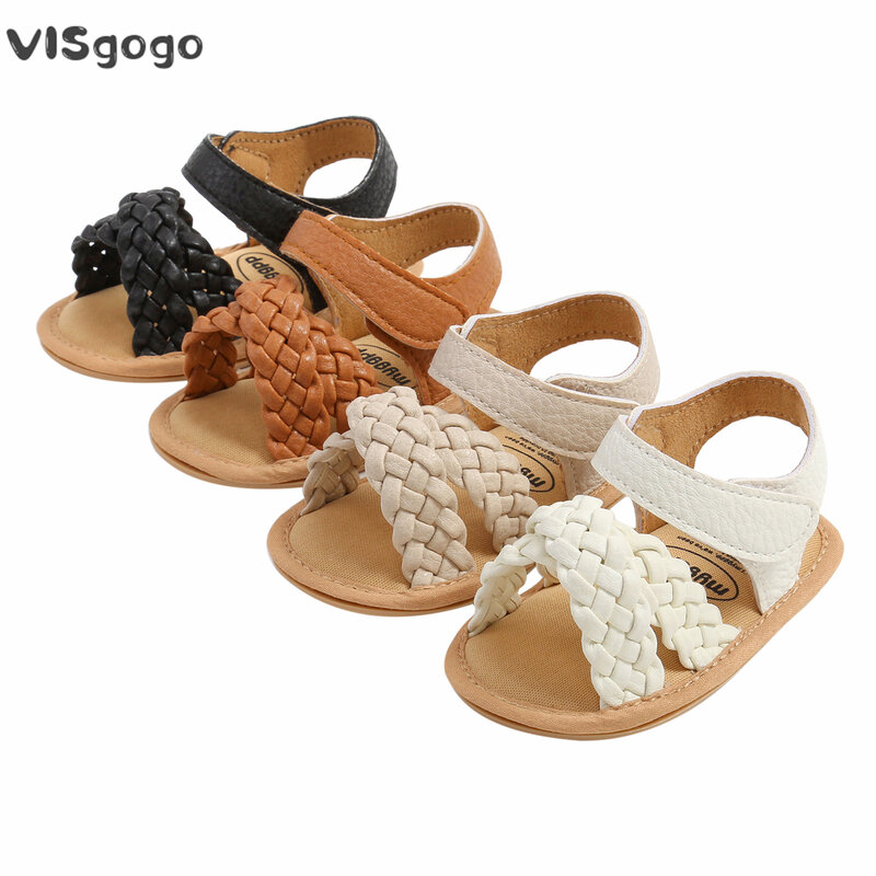 VISgogo-아기 여아용 꼰 샌들, 단색, 여름, 부드러운 밑창, 야외용 발가락 운동화, 유아용 아기 캐주얼 여름 신발