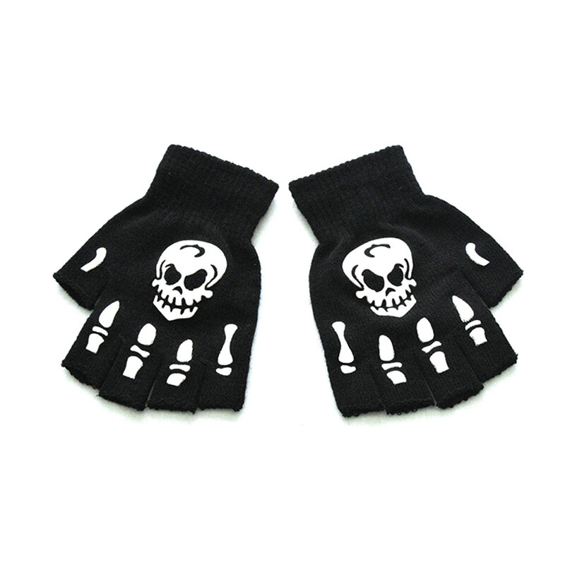 Modne rękawice styl halloweenowy świecące czaszka z horroru kości szkielet pół rękawiczki nowość Unisex rękawiczki ocieplacz na zimę rękawiczki