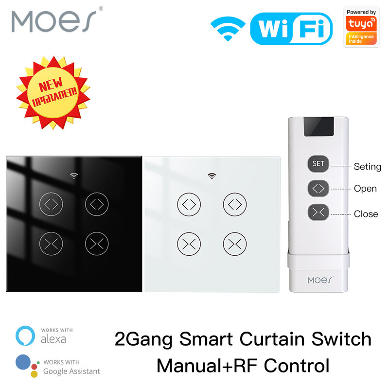 Moes Tuya Smart Life App WiFi RF 2 Gang Double Curtain Blind Switch for Roller Shutter Electric Motor With Google Home Alexa