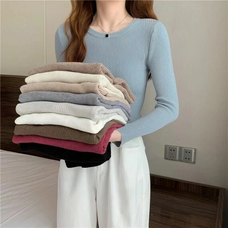 Suéter de punto de manga larga para mujer, Jersey ajustado de cuello redondo, Color sólido, primavera y otoño, novedad de 2022