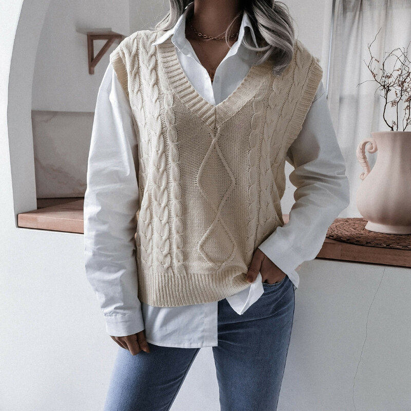 Rompi Sweater warna polos wanita, atasan Pullover ukuran besar musim gugur musim dingin Retro leher V tanpa lengan