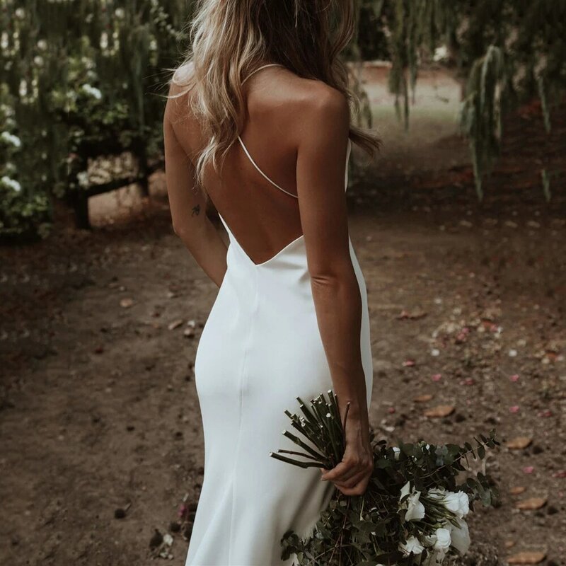 Challoner Simple Mermaid Wedding Dress V-Neck Spaghetti Straps Sleeveless Backless Bridal Gown Floor Length Vestidos De Noiva