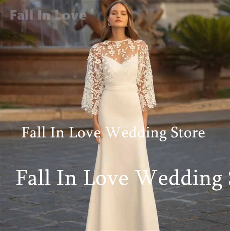 Vestido de casamento feminino com decote em o, mangas compridas, apliques florais, vestido de noiva, comprimento do chão, novo, apaixone-se, 2024