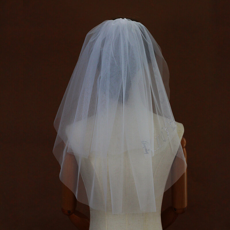 V345 velo de hombro de novia de dos capas, velo de tul blanco para novia, tocado con letras pegadas