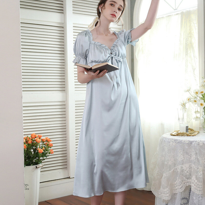 Letnia koszula nocna kobiety lodowy jedwab z krótkim rękawem Vintage Sleepshirt księżniczka Homewear bielizna nocna noc szlafrok domowy bielizna nocna