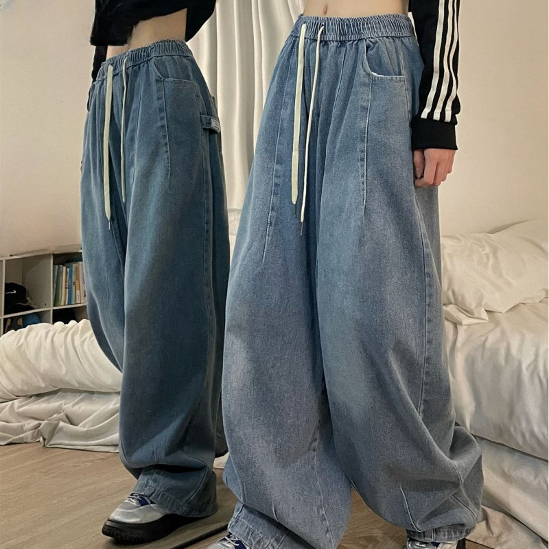 Pantaloni americani oversize in vita elastica Denim gamba larga Streetwear pantaloni di base dritti Y2k primavera donna Jeans larghi Vintage