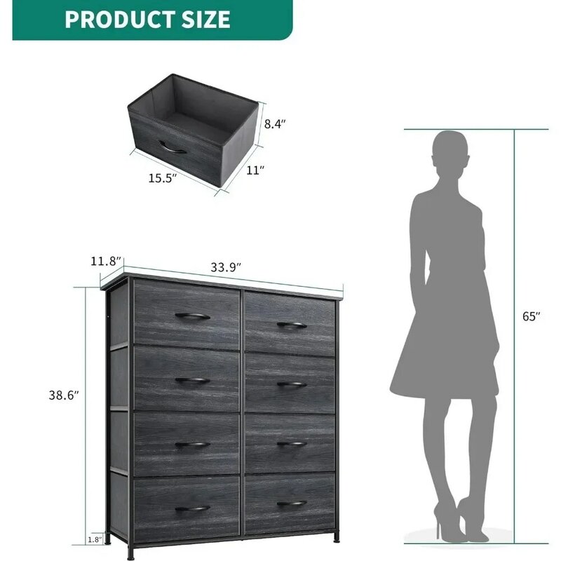 Dresser with 8 Drawers Fabric Storage Tower,Organizer Unit for Bedroom,Wooden Top Easy Pull Fabric Bins Vanity Desk