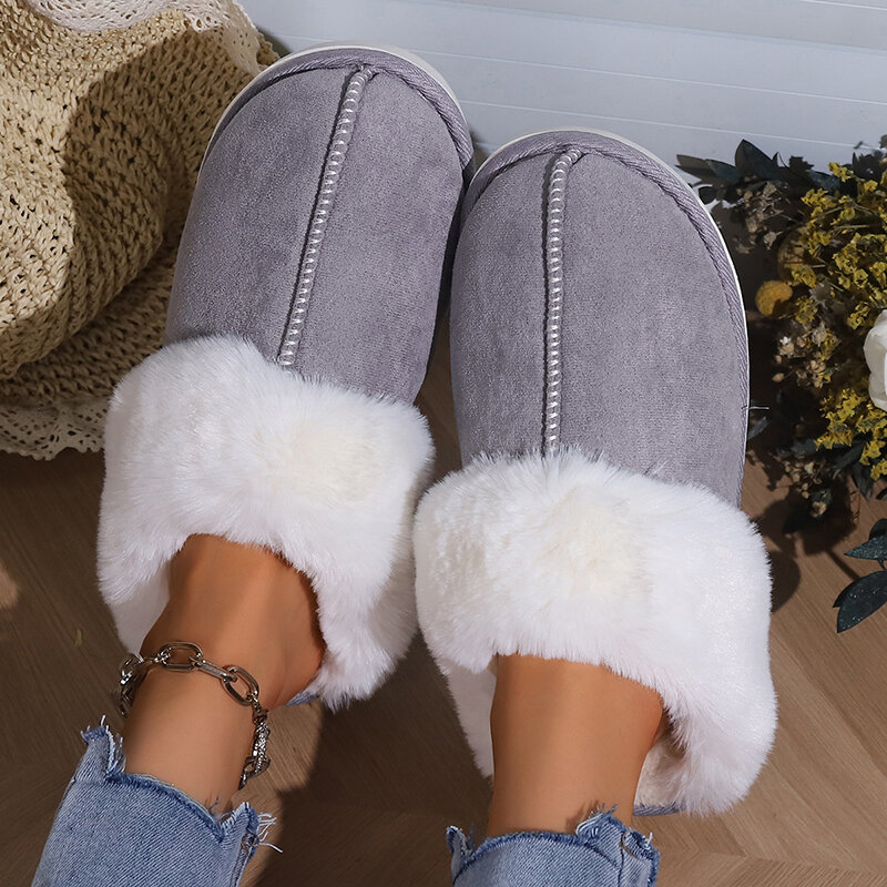 2023 Winter Warm Fur Indoor Home Slippers Women Faux Suede Closed Toe Couple Slippers Woman Comfort Soft Sole House Shoes Slides
