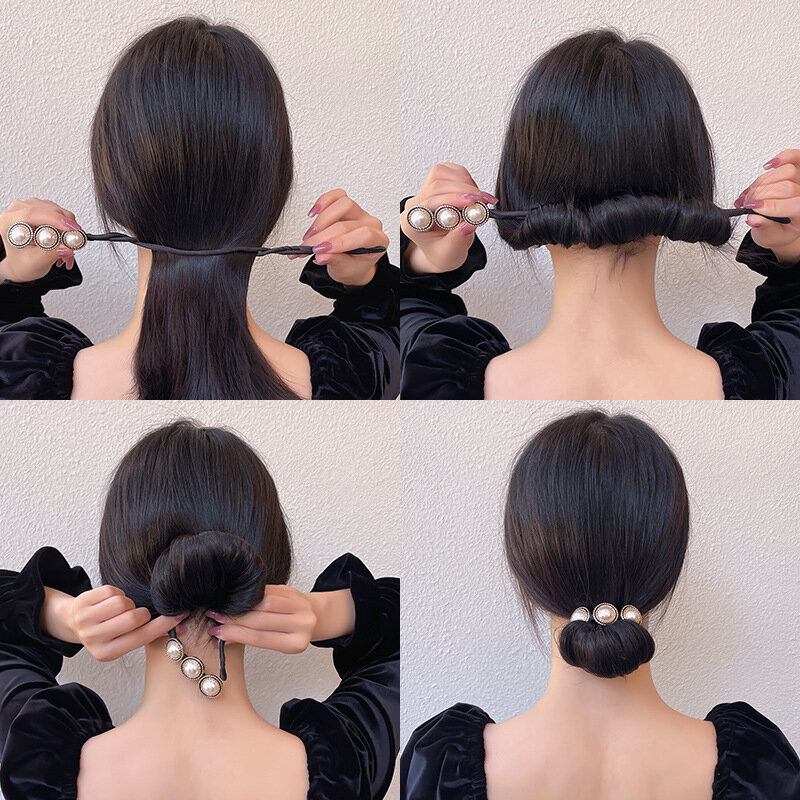 Vintage Floral Flexível Bun Hairbands para Mulheres, Moda Pérola Updo Hair Clip para Menina