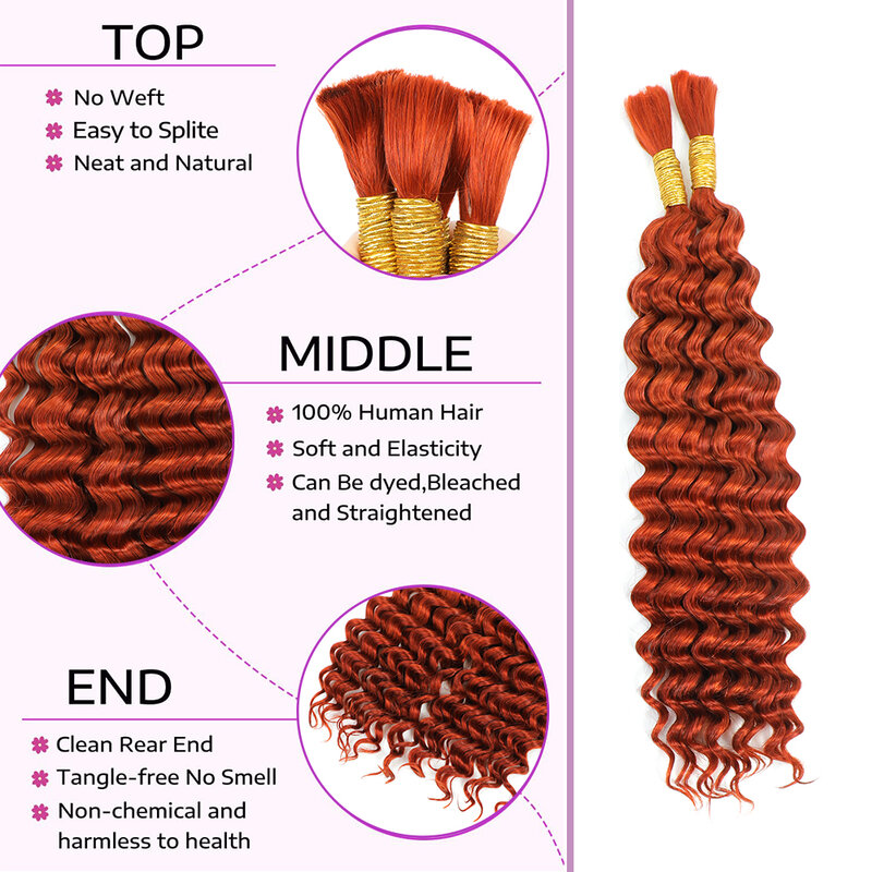 Linhua-Deep Wave cabelo humano para Boho, Tranças sem nós, Ginger Color, Crochet Micro tranças boêmio, Duplo desenhado, em massa, 350 #