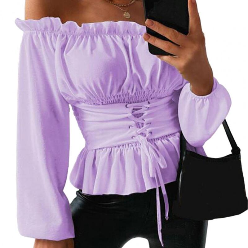 Off Shoulder Lace-up Front Ruffles Casual Blouse Plus Size Tops Spring Tops and Blouses
