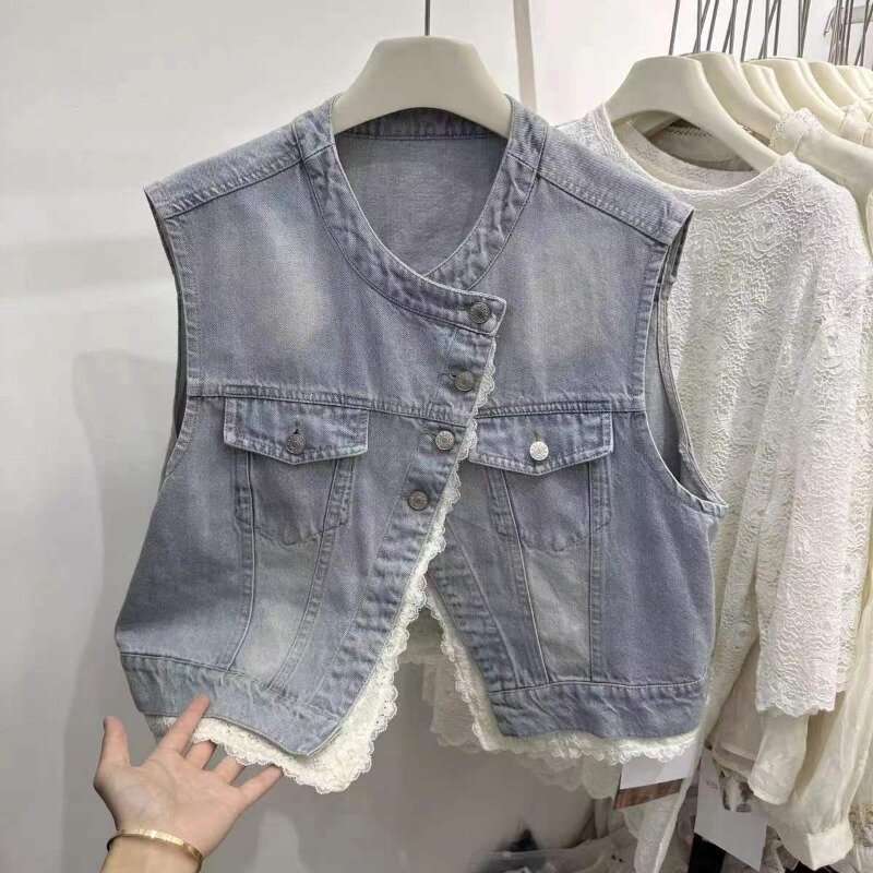 Deeptown Korean Cropped Denim Vest Women Lace Fashion Summer Coquette Aesthetic Jeans Sleeveless Jacket Chic and Elegant Tops