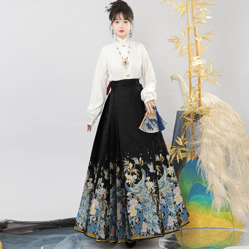 Falda de cara de caballo estilo Ming para mujer, Ma Mian Qun Hanfu, conjunto diario mejorado, pavo real, novedad de 2024