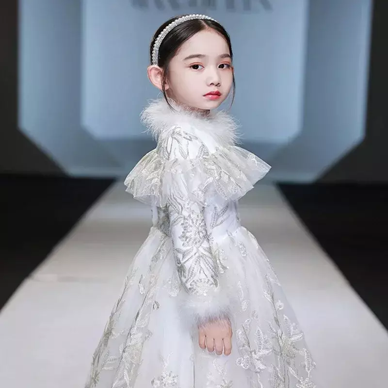 2024 Spring New Flower Girl White Fashionable Princess Dress Fluffy Gauze Girl's Birthday Dress Host Performance Dress