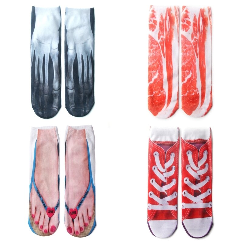 Chaussettes basses en coton personnalisées unisexes, tongs 3D amusantes, chaussures à squelette porc imprimé pour